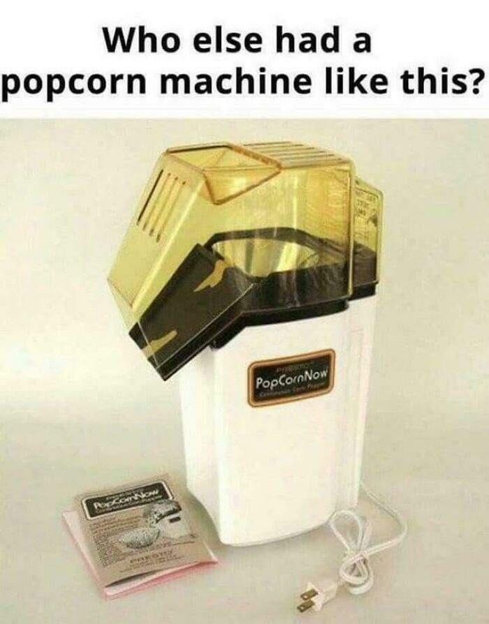 Vintage popcorn machine with plastic cover and power cord, nostalgic item that may remind you of your creaking joints.