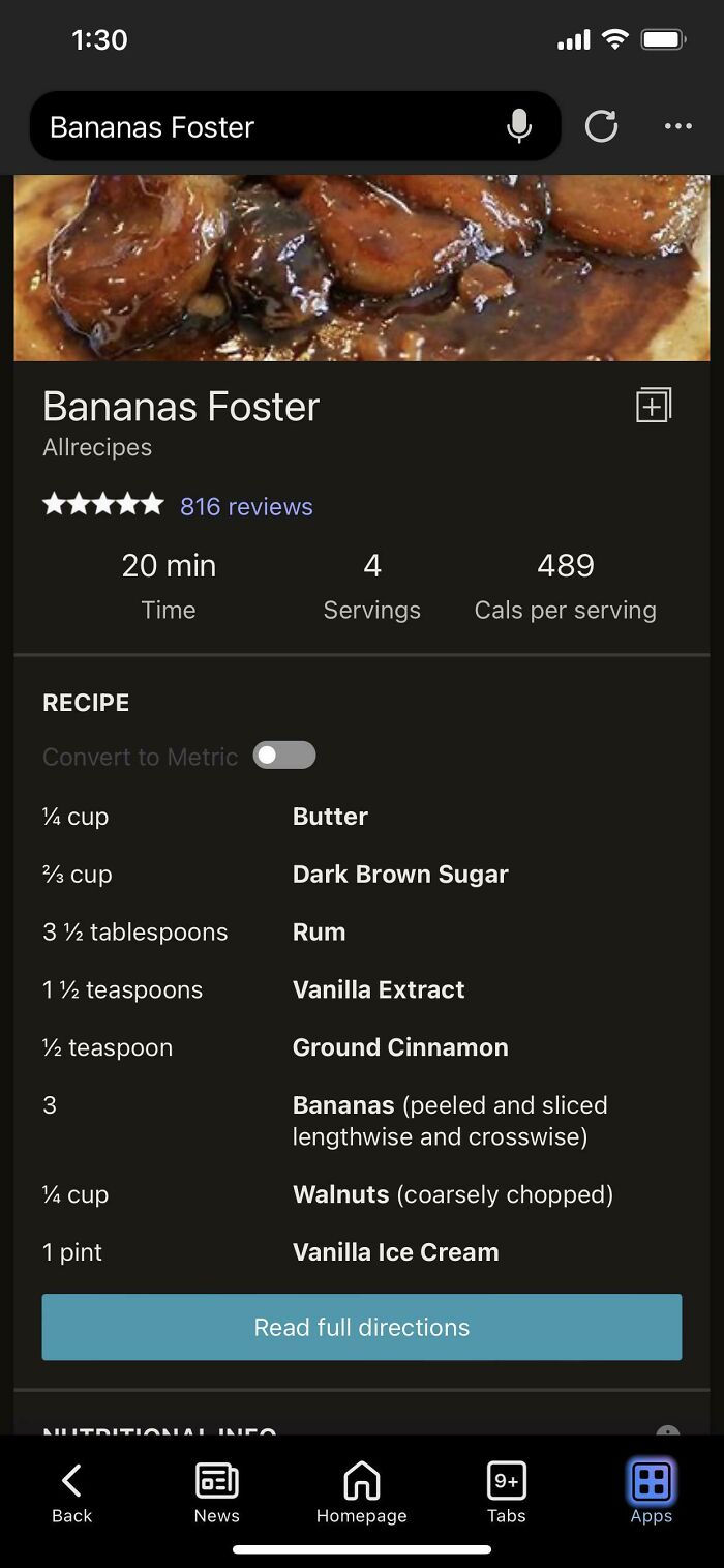 Microsoft/Bing Has A Button That Can Convert Recipe Measurements To Metric