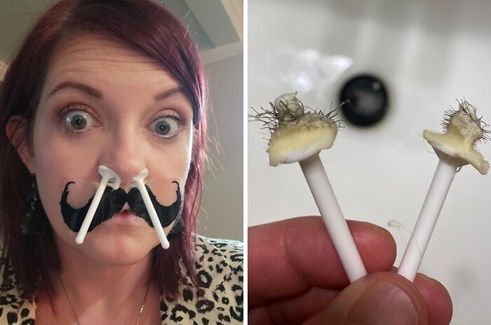 Woman with fake mustache and cotton swabs in nostrils, close-up of used cotton swabs holding removed nose hair beauty buys.