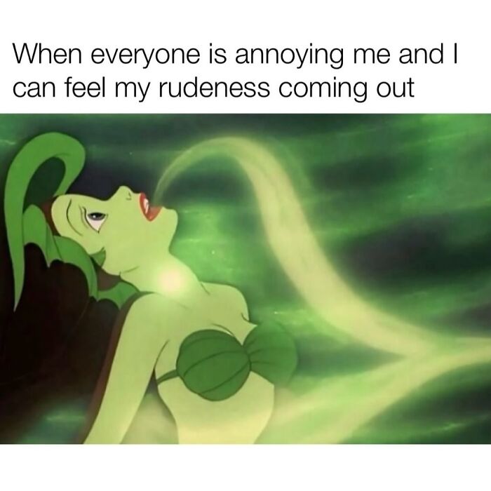 Animated character exhaling green smoke with text about feeling rudeness, a relatable meme for spamming friends.