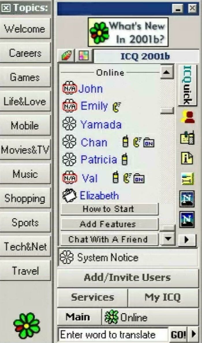 Retro ICQ instant messaging interface with contact list showing online status, evoking nostalgia and creaking joints memories.