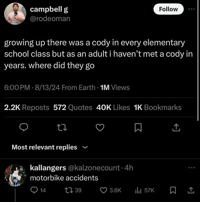 Tweet about missing classmates named Cody, part of memes that act as a time machine for those who grew up with Tamagotchis and VHS tapes.