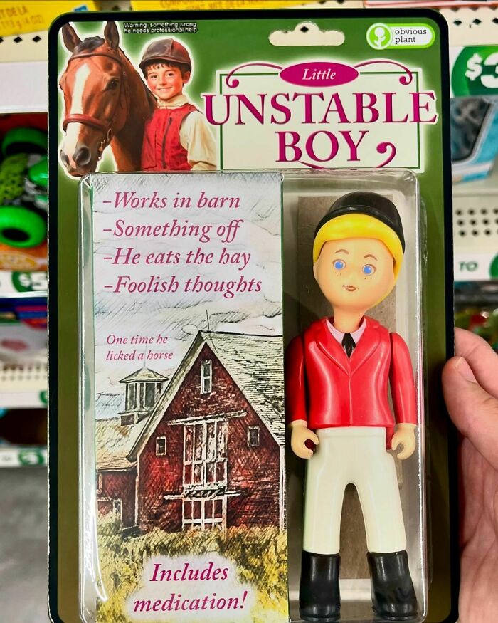 Fake toy product "Little Unstable Boy" by Obvious Plant, humorously described with barn-related quirks.