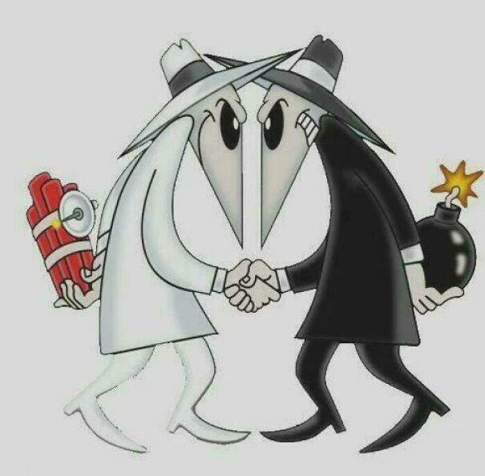 Cartoon of two secret agents shaking hands, one holding dynamite and the other holding a b**b, symbolizing a classic spy rivalry.