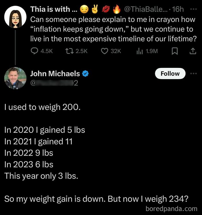 Random meme about weight gain math confusion with inflation comparison, humorous take on numbers.