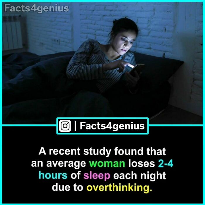 Woman in dark room on phone, with text highlighting sleep loss due to overthinking; interesting facts shared by Facts4genius.