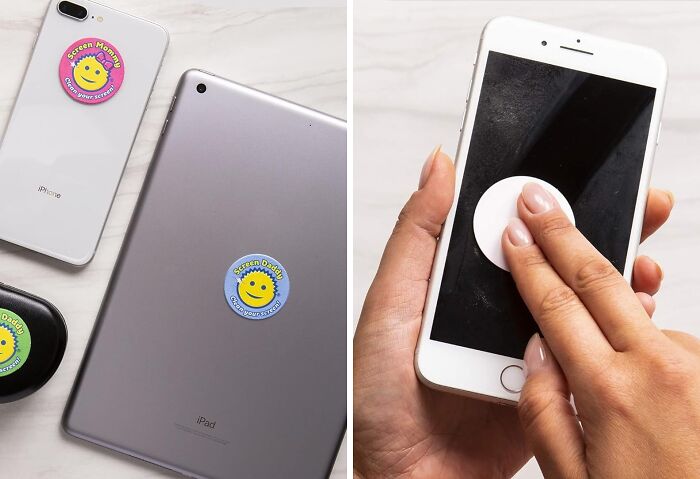 Close-up of iPhone and iPad with cleaning stickers and a hand using a screen cleaning wipe on a smartphone, TikTok finds.