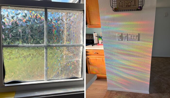 Holographic window film creating colorful rainbow light patterns on wall, showcasing popular TikTok finds for home decor.
