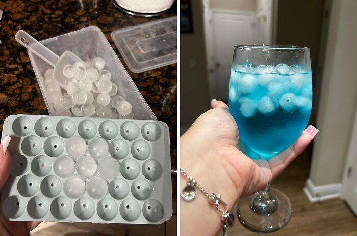Clear spherical ice balls in an ice mold and a blue drink filled with these ice balls held in a hand, TikTok finds.