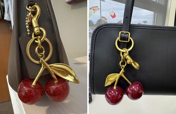 Cherry keychain with gold accents hanging from handbags, a popular TikTok find trending on social media accessories.