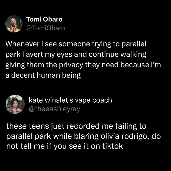 Relatable memes about parallel parking struggles, featuring humorous tweets from tired millennials.