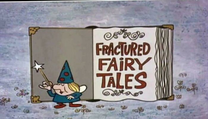 Animated wizard character holding a wand next to a large book titled Fractured Fairy Tales, evoking creaking joints nostalgia.