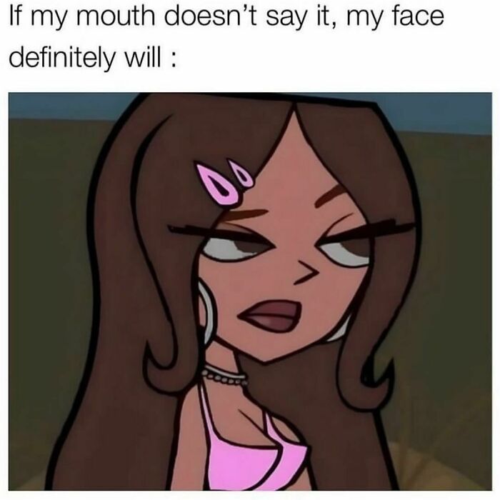 Cartoon woman with long hair and pink clips giving a side-eye expression in hilariously relatable memes.