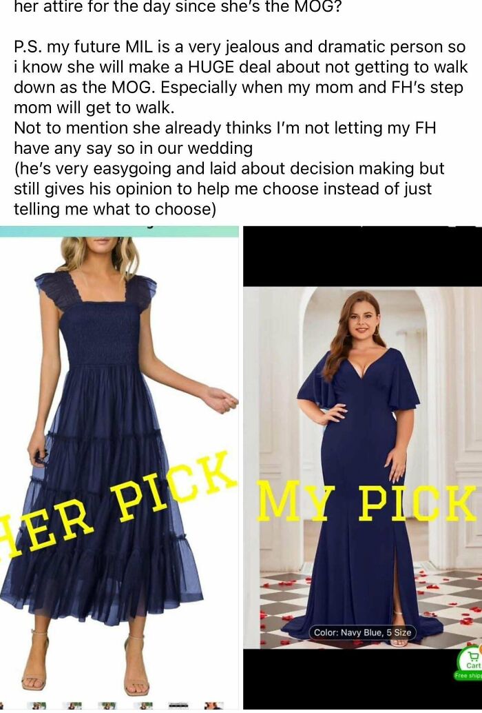 Two dresses for a wedding: one labeled "Her Pick" and another labeled "My Pick" in a humorous wedding scenario.
