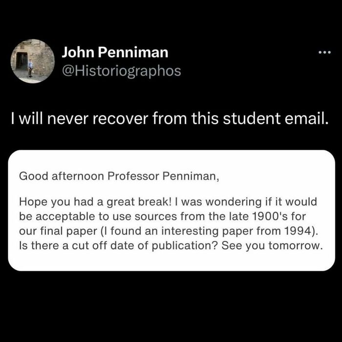 "Relatable meme about a student email questioning use of 1994 paper, highlighting millennial humor."