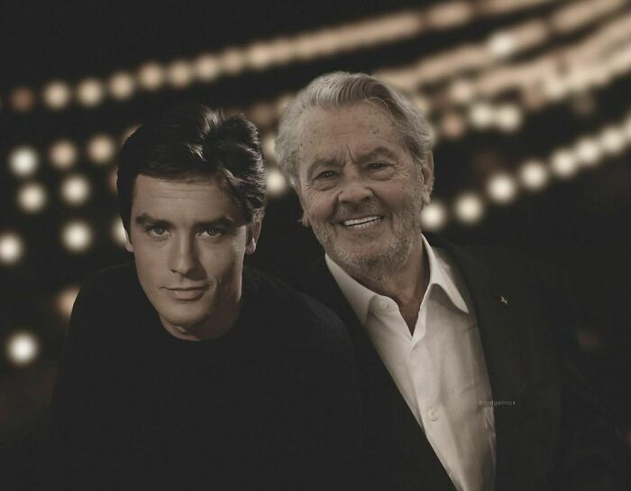 Young and older man photoshopped together, illustrating time's passage in celebrity transformations.