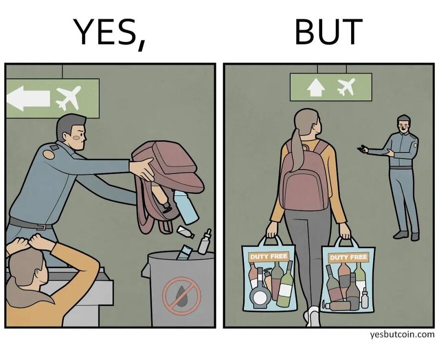 Airport security officer confiscating liquids from backpack in yes panel, but allowing duty free bags in but panel.