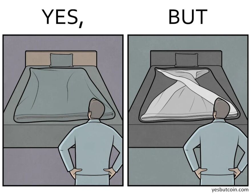 Man observing two bed setups in a comic strip illustrating contradictory nature in yes but comics about society.