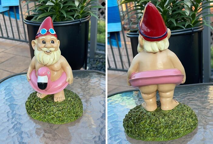 This Garden Gnome In A Flamingo Floaty Is Proof That Even Gnomes Need A Little R&r By The Pool (Or Birdbath)