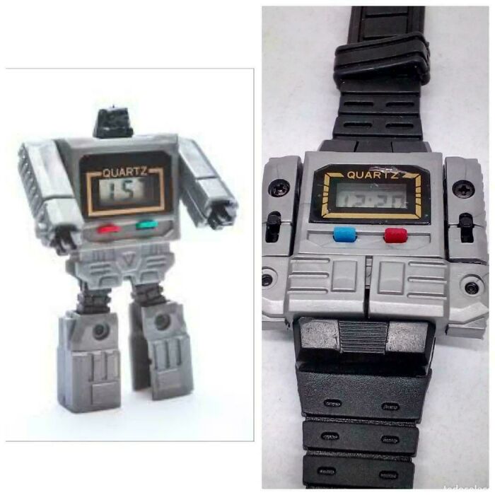 Retro quartz robot watch in toy form and worn as wristwatch, nostalgic item reminding of creaking joints era.