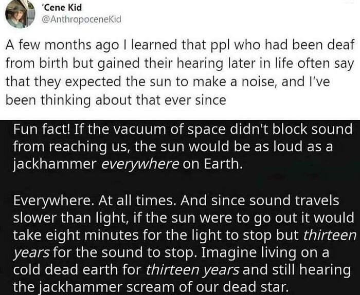 Humorous meme with text about how the sun could sound like a jackhammer if space didn't block sound.
