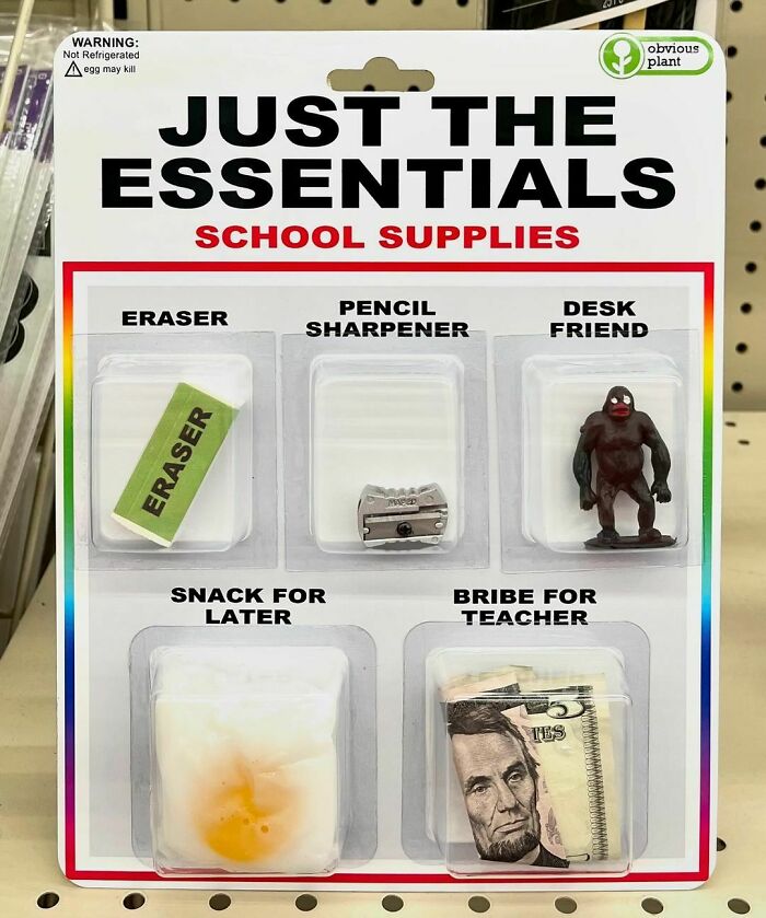 Funny fake products by Obvious Plant among real school supplies in a store display.