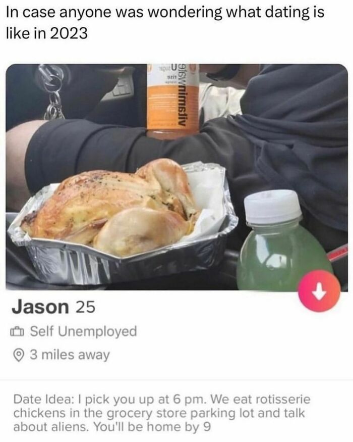 Dating meme featuring a profile with a humorous rotisserie chicken date idea in 2023.