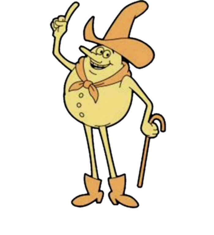 Cartoon character with a cane and large hat, symbolizing creaking joints and nostalgia for older generations.