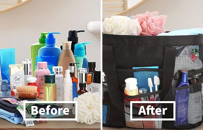 Cluttered dorm bathroom counter transformed with genius dorm finds for better organization and space saving.