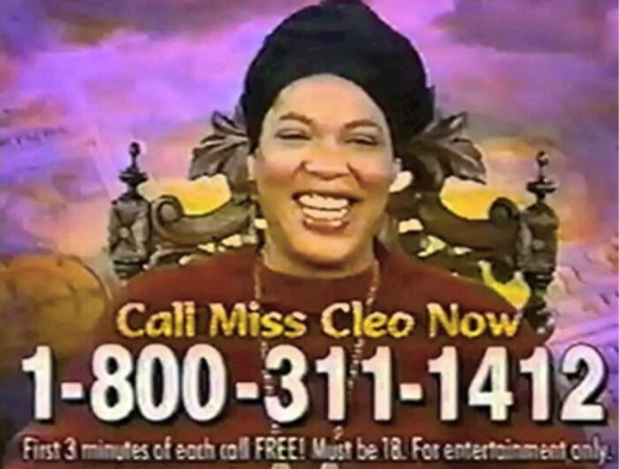 Smiling woman in vintage TV ad promoting a psychic hotline, evoking nostalgic items that remind you of creaking joints.