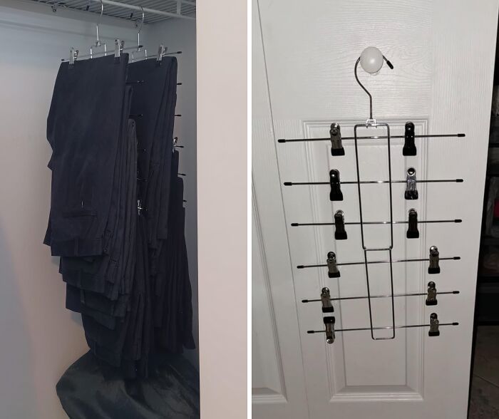 Closet and door organizers maximizing storage in awkward dorm nooks with hanging pants and clip racks for space efficiency.
