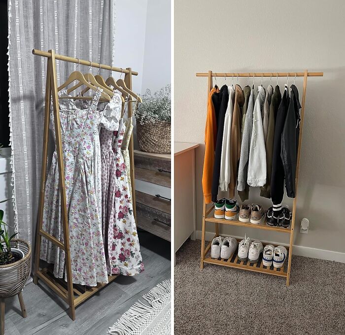 Wooden clothing racks maximizing dorm storage for dresses, jackets, and shoes in small bedroom spaces.