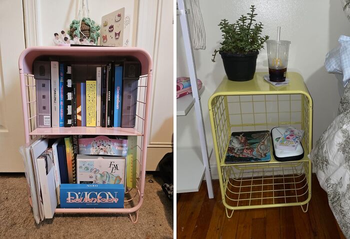 Two cozy dorm room storage racks with books, plants, and personal items, perfect for surviving freshman year dorm life.