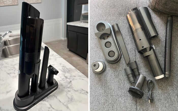 Compact cordless vacuum with multiple attachments ideal for dorm room cleaning and surviving freshman year with smart dorm finds.