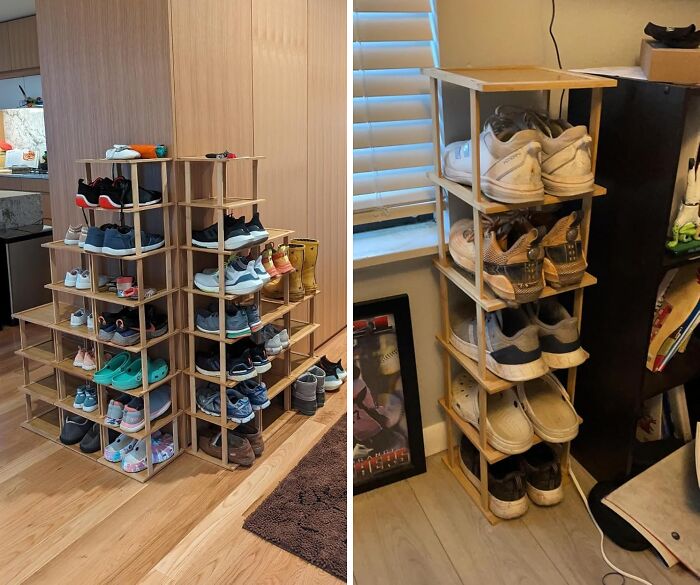 Wooden shoe racks maximizing awkward nook storage space in dorm, organizing multiple pairs neatly and efficiently.