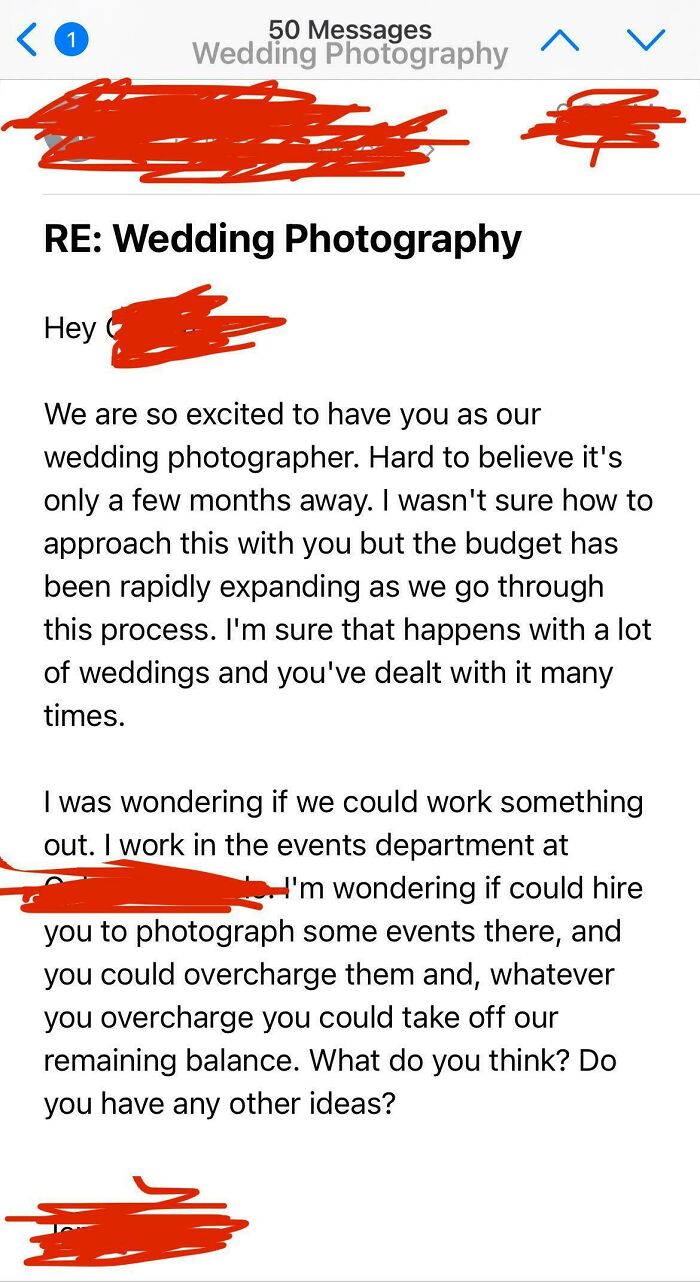 Email negotiation shows a wedding photography client proposing a payment workaround, highlighting a beggar-chooser situation.