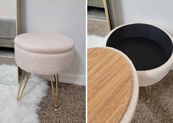 Storage stool with removable lid revealing hidden interior, perfect for exploiting awkward dorm nooks for storage solutions.