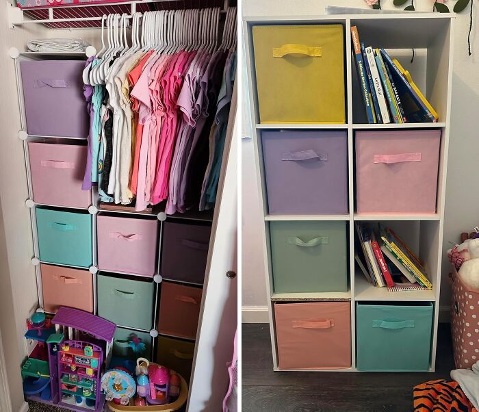 Organized dorm storage with colorful bins and hanging clothes creatively using awkward nooks for maximum space efficiency.
