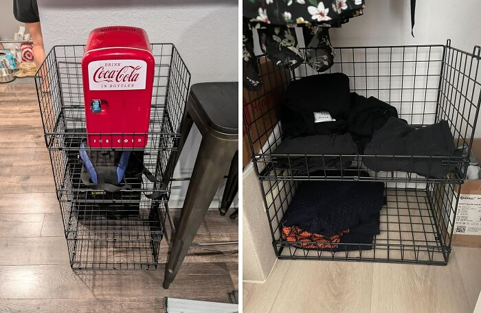 Wire storage racks used to maximize awkward dorm room nooks for organized clothing and beverage storage.