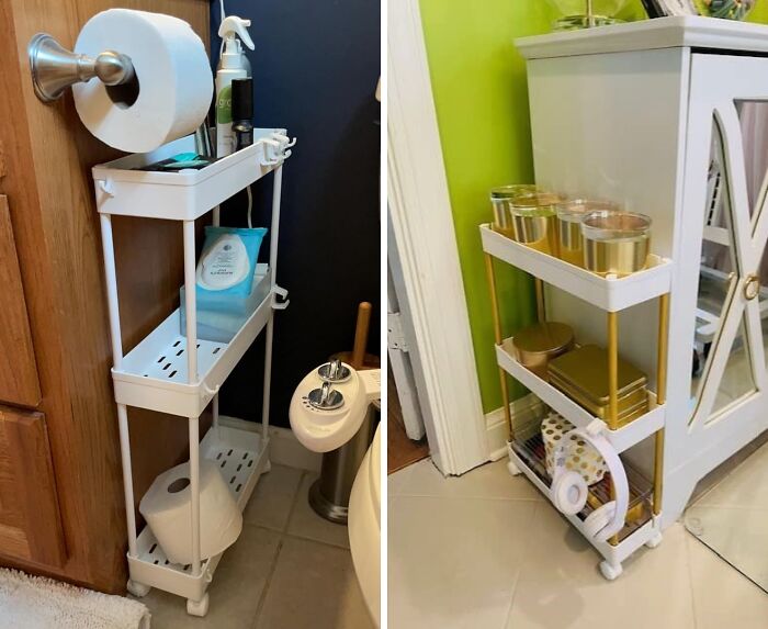 Compact white rolling storage carts maximizing awkward dorm nooks for bathroom essentials and small household items.