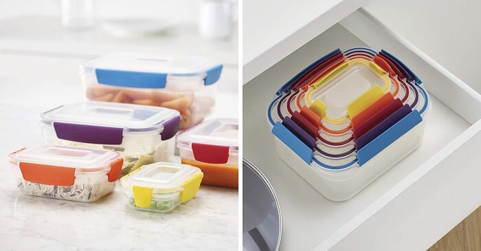 Set of colorful, space-saving storage containers neatly nested and organized to maximize awkward dorm storage nooks.