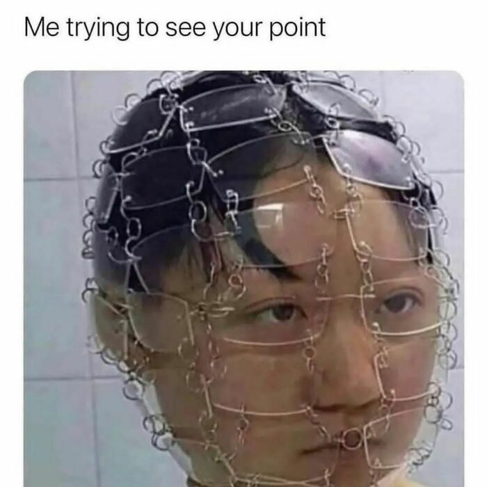 Person wearing multiple eyeglasses chained together on face, illustrating relatable and hilarious memes about work stress.