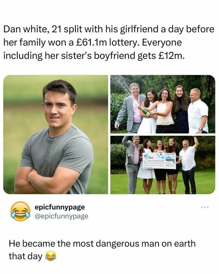 Man reacts to ex-girlfriend's family winning lottery in a meme from popular IG page.