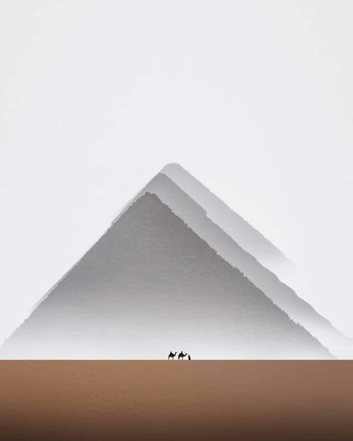 Minimalist desert scene with giant pyramid and tiny people on camels, evoking fear for those with megalophobia.