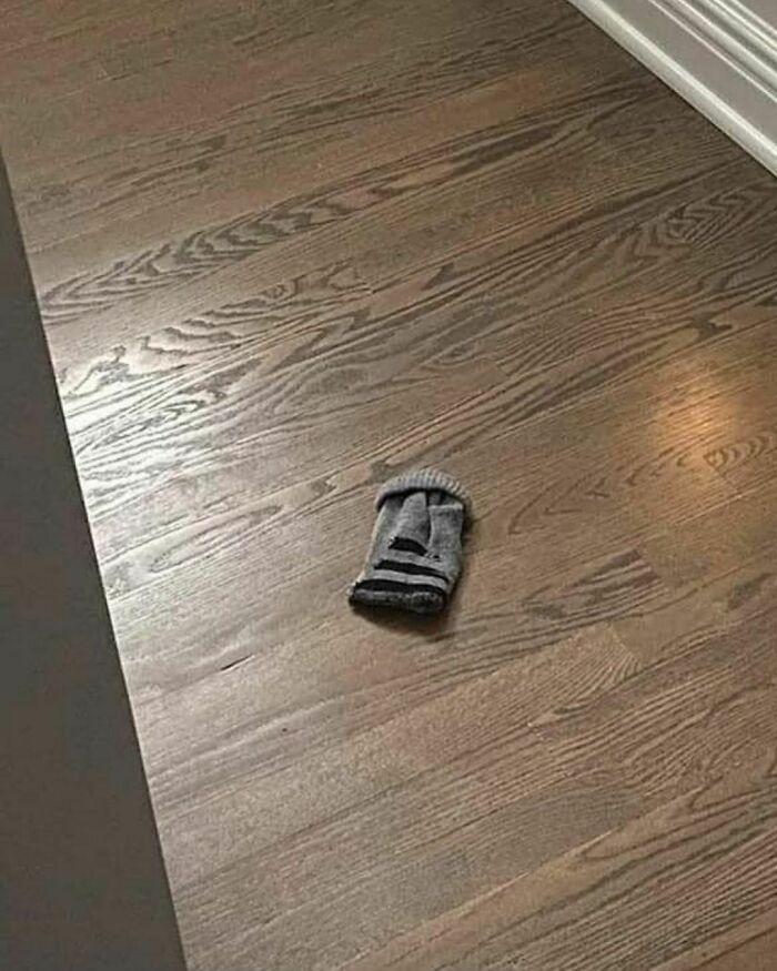 Sock folded to resemble a face on a wooden floor, creating a funny effect.