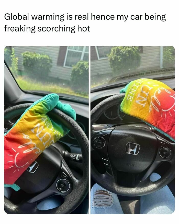 Car steering wheel being touched with colorful oven mitts due to scorching heat, from a funny College Confessions meme post.
