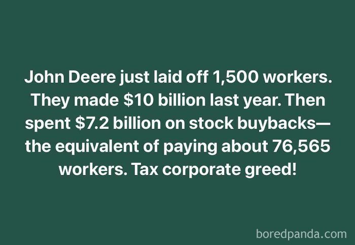 Text about John Deere layoffs and criticism of corporate greed and stock buybacks