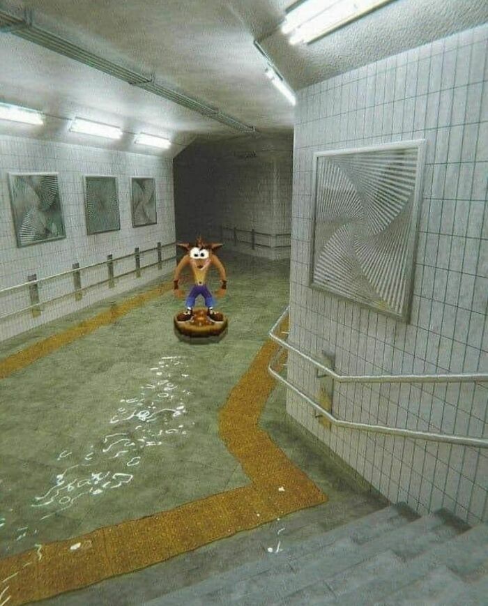 Character on a hoverboard through a flooded tunnel, with geometric wall art.