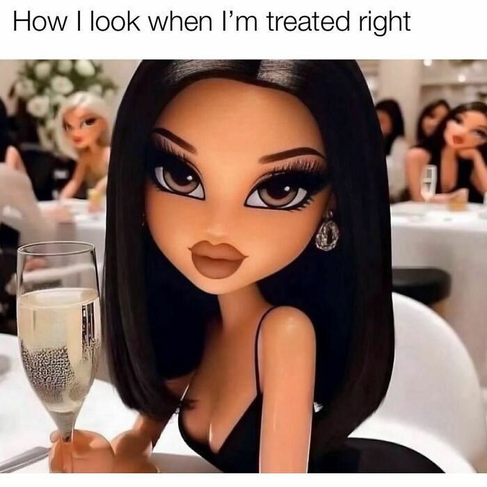 Stylized cartoon woman holding champagne glass, representing relatable memes about feeling appreciated and treated right.