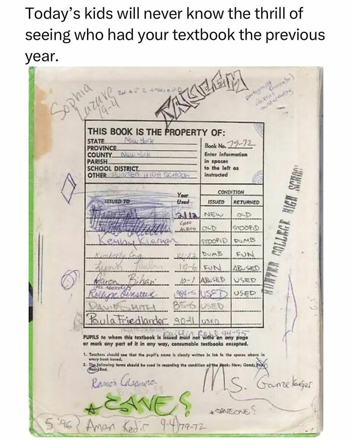 A used textbook page filled with handwritten notes and signatures, illustrating relatable college confessions memes.